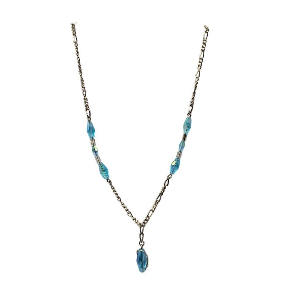 Blue Crystal Silver Tone Chain Necklace With Drop Pendant